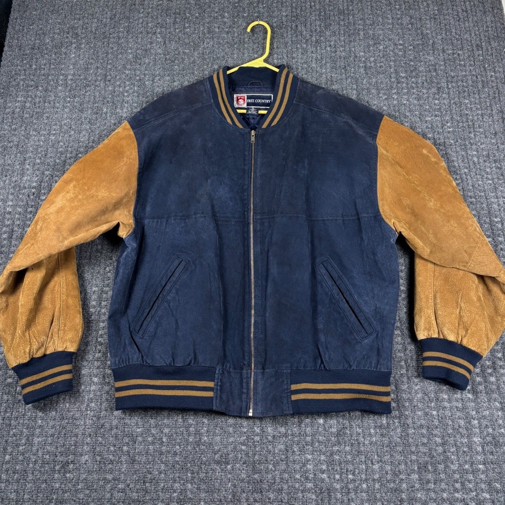 Vintage Free Country Suede Bomber Jacket Varsity Leather XL Navy Blue Tan Y2k